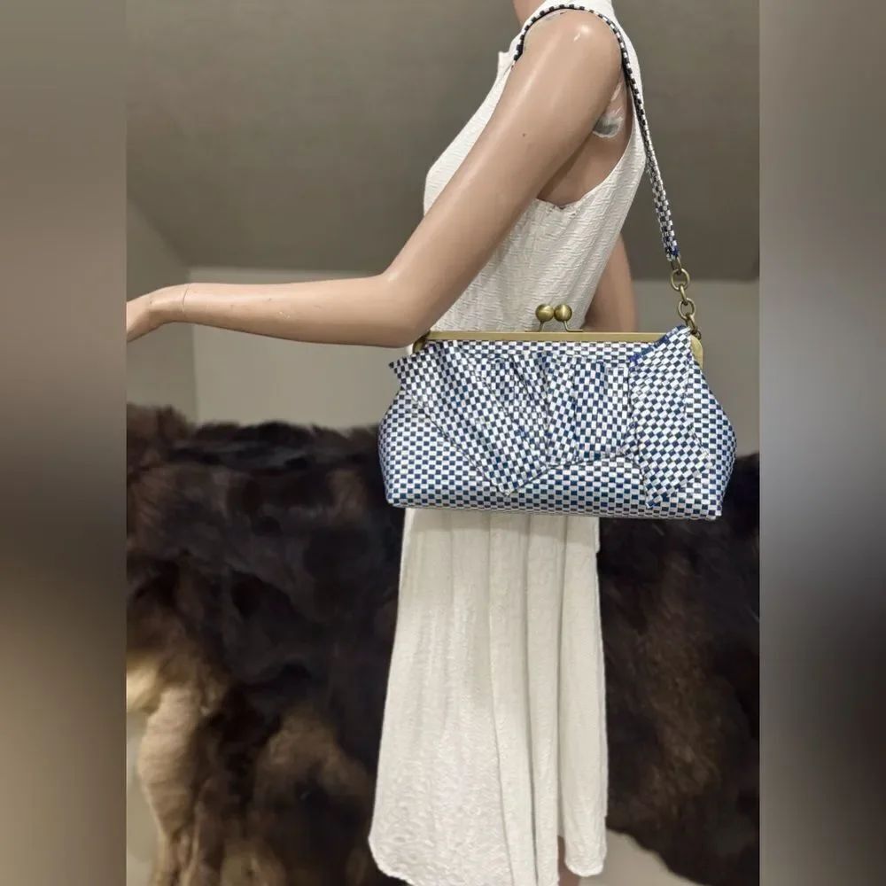 3D Abstract Art With Woven checkered Leather Handmade Oversized Kisslock Bag
